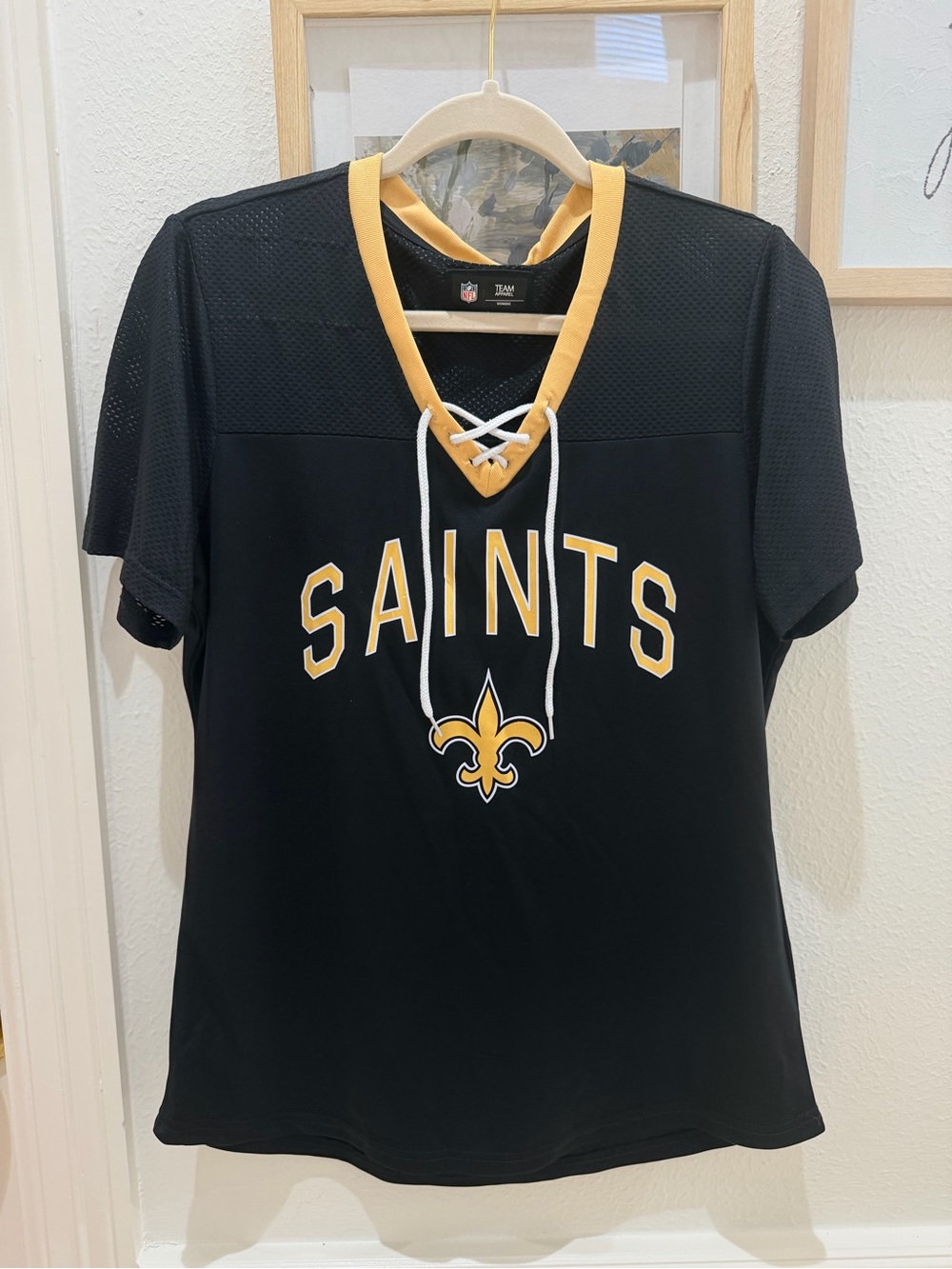Saints GAME DAY official NFL Lace-Up V-Neck Women's Top in Black and Gold
